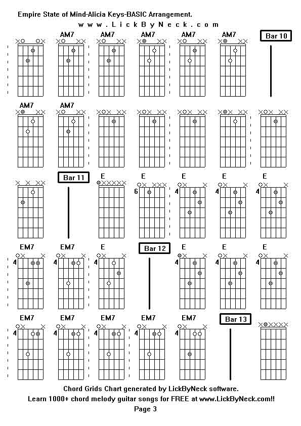 Chord Grids Chart of chord melody fingerstyle guitar song-Empire State of Mind-Alicia Keys-BASIC Arrangement,generated by LickByNeck software.